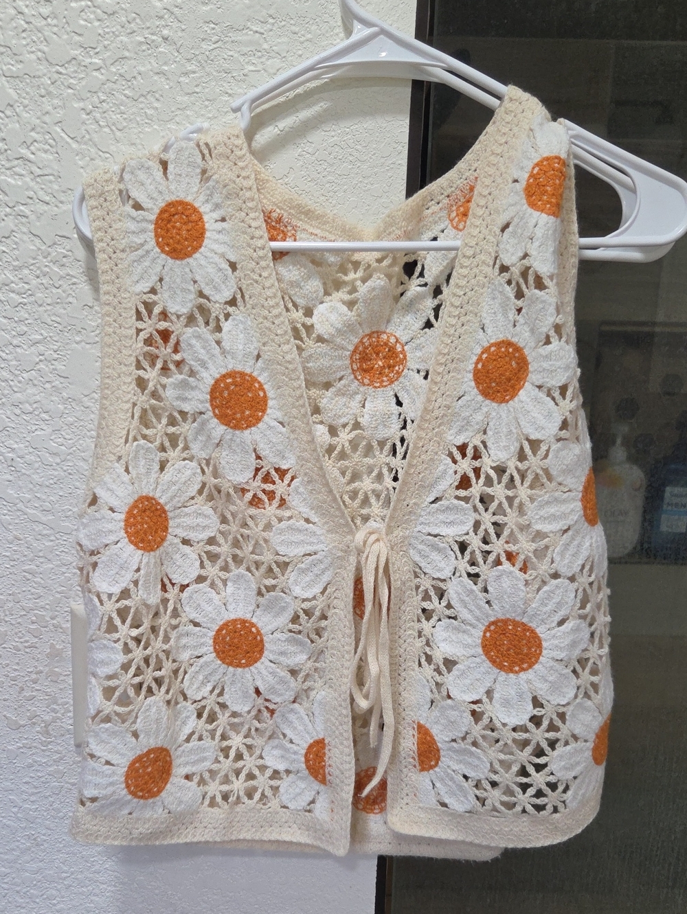 Crochet Daisy Tie-Front Vest - Cream with Orange Accents